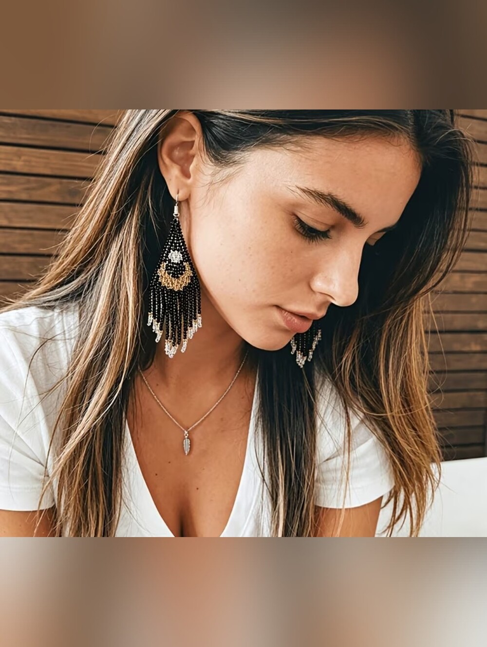 🌙 New Handmade Black & Gold Crescent Moon Beaded Fringe Earrings 🌙